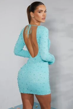 Long Sleeve Embellished Backless Mini Dress In Aqua
