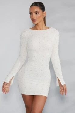 Long Sleeve Embellished Backless Mini Dress In Ivory