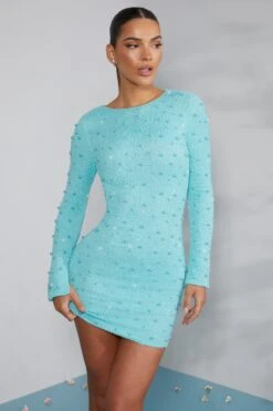 Long Sleeve Embellished Backless Mini Dress In Aqua -Women Clothes Shop 6791 2 Hague Aqua Long Sleeve Mini Dress