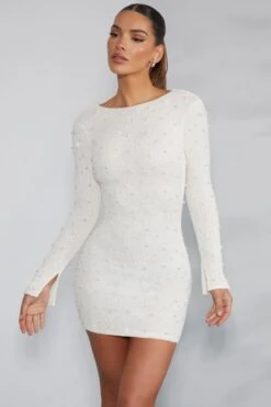 Long Sleeve Embellished Backless Mini Dress In Ivory -Women Clothes Shop 6791 2 Maeve Ivory Long Sleeved Mini Dress