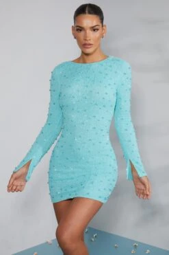 Long Sleeve Embellished Backless Mini Dress In Aqua -Women Clothes Shop 6791 3 Hague Aqua Long Sleeve Mini Dress