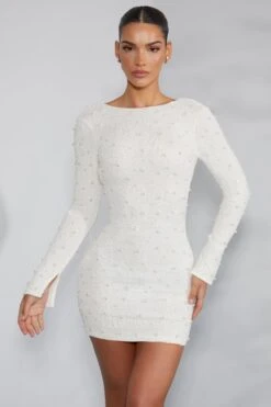 Long Sleeve Embellished Backless Mini Dress In Ivory -Women Clothes Shop 6791 3 Maeve Ivory Long Sleeved Mini Dress