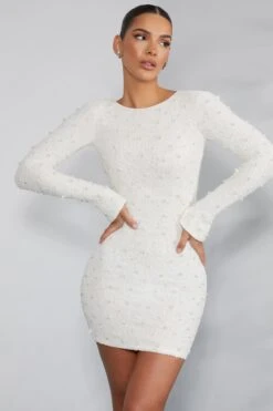 Long Sleeve Embellished Backless Mini Dress In Ivory -Women Clothes Shop 6791 4 Maeve Ivory Long Sleeved Mini Dress