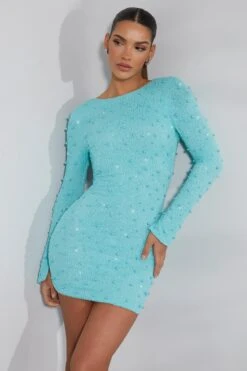 Long Sleeve Embellished Backless Mini Dress In Aqua -Women Clothes Shop 6791 5 Hague Aqua Long Sleeve Mini Dress
