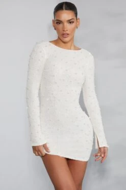 Long Sleeve Embellished Backless Mini Dress In Ivory -Women Clothes Shop 6791 5 Maeve Ivory Long Sleeved Mini Dress