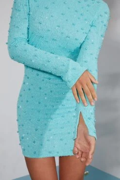 Long Sleeve Embellished Backless Mini Dress In Aqua -Women Clothes Shop 6791 7 Hague Aqua Long Sleeve Mini Dress