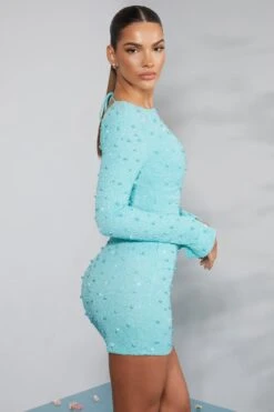 Long Sleeve Embellished Backless Mini Dress In Aqua -Women Clothes Shop 6791 8 Hague Aqua Long Sleeve Mini Dress