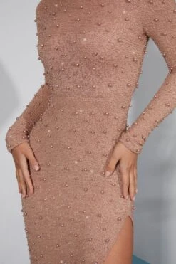 Long Sleeve Embellished Backless Maxi Dress In Beige -Women Clothes Shop 6792 8 Vienna Beige Embellished Mesh Dress Long Sleeve Maci With Split