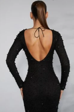 Long Sleeve Embellished Backless Maxi Dress In Black -Women Clothes Shop 6792 9 Vienna Black Embellished Mesh Dress Long Sleeve Maxi Dress With Split