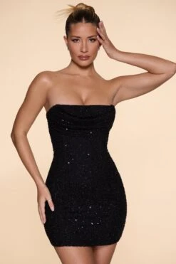 Embellished Strapless Cowl Neck Mini Dress In Black -Women Clothes Shop 6793 1 Basel Black Strapless Cowl Front Mini Dress
