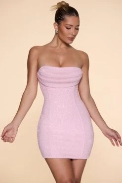 Embellished Strapless Cowl Neck Mini Dress In Blush -Women Clothes Shop 6793 1 Basel Blush Strapless Cowl Front Dress