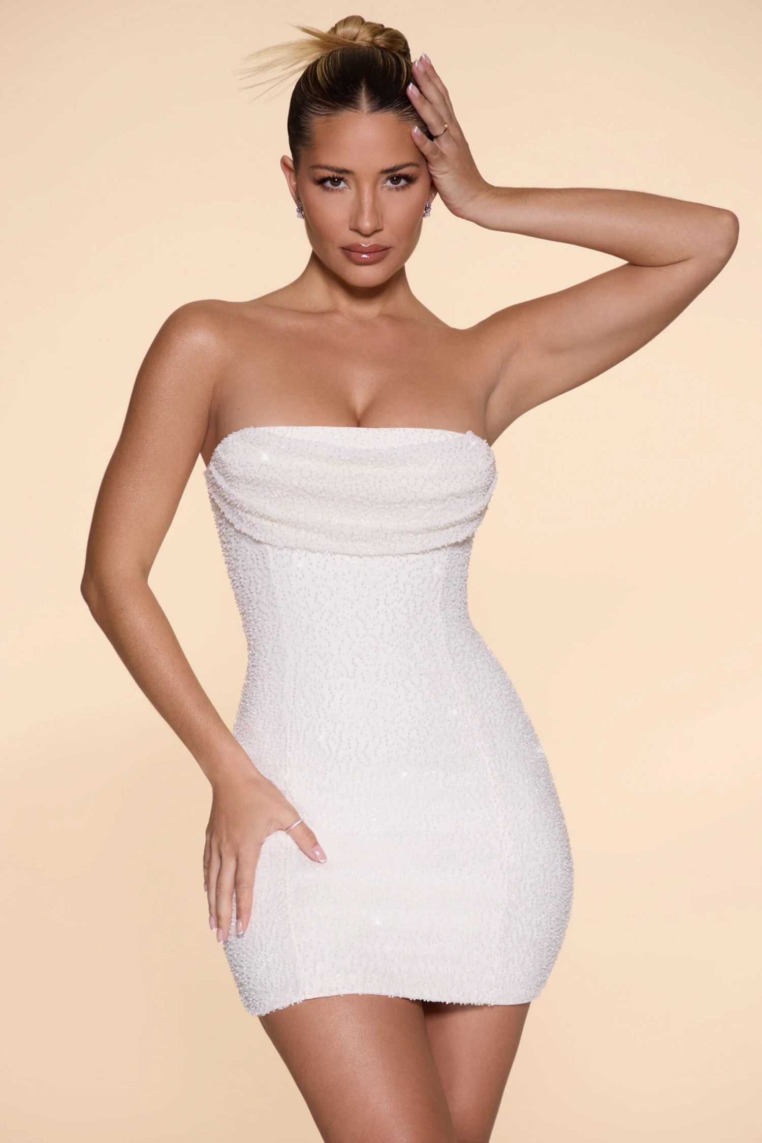 Embellished Strapless Cowl Neck Mini Dress In Ivory 7 Embellished Strapless Cowl Neck Mini Dress In Ivory - Image 5