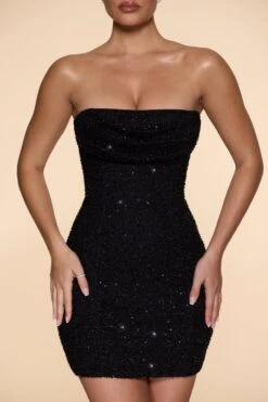 Embellished Strapless Cowl Neck Mini Dress In Black -Women Clothes Shop 6793 7 Basel Black Strapless Cowl Front Mini Dress