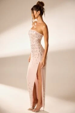 Hand Embellished Bandeau Maxi Dress In Blush -Women Clothes Shop 6900 4 Alcyone Blush Corsetted Maxi With Split Scayyered Embelishement