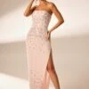 Hand Embellished Bandeau Maxi Dress In Blush -Women Clothes Shop 6900 7 Alcyone Blush Corsetted Maxi With Split Scayyered Embelishement