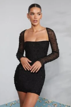 Long Sleeve Embellished Corset Mini Dress In Black 18 Long Sleeve Embellished Corset Mini Dress In Black -Women Clothes Shop 6902 1 Milan Black Long Sleeve Mini Dress