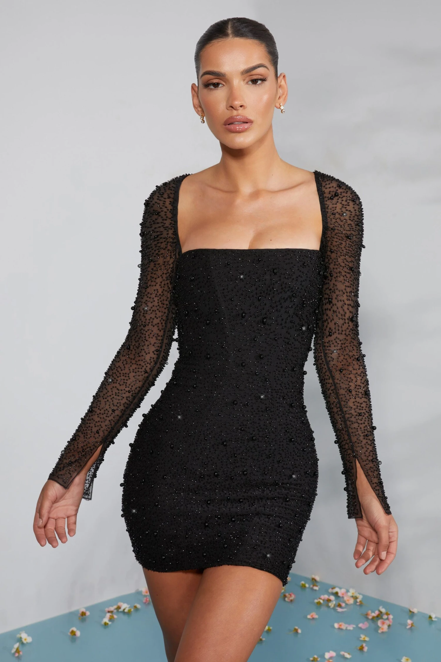 Long Sleeve Embellished Corset Mini Dress In Black 10 Long Sleeve Embellished Corset Mini Dress In Black - Image 8