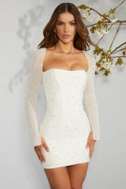 Long Sleeve Embellished Corset Mini Dress In Ivory -Women Clothes Shop 6902 3 Ivory Long Sleeved Embellished Lace Up Back Mini Dress