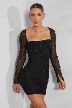 Long Sleeve Embellished Corset Mini Dress In Black