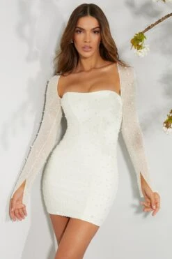 Long Sleeve Embellished Corset Mini Dress In Ivory -Women Clothes Shop 6902 5 Ivory Long Sleeved Embellished Lace Up Back Mini Dress