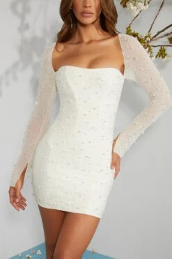 Long Sleeve Embellished Corset Mini Dress In Ivory -Women Clothes Shop 6902 6 Ivory Long Sleeved Embellished Lace Up Back Mini Dress