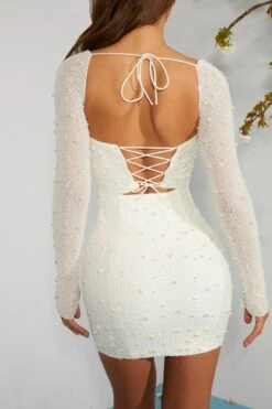 Long Sleeve Embellished Corset Mini Dress In Ivory -Women Clothes Shop 6902 8 Ivory Long Sleeved Embellished Lace Up Back Mini Dress