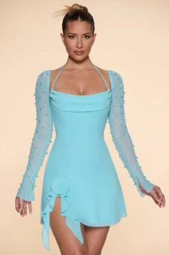 Long Sleeve Cowl Neck A-Line Mini Dress In Aqua -Women Clothes Shop 6904 1 Florence Aqua Long Sleeves Cowl Neck A Line Mini Dress