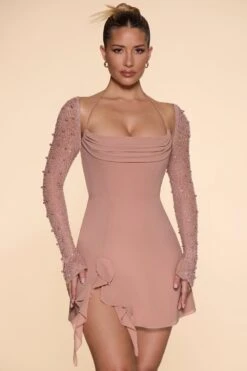 Long Sleeve Cowl Neck A-Line Mini Dress In Beige -Women Clothes Shop 6904 1 Florence Beige Cowl Neck A Line Dress