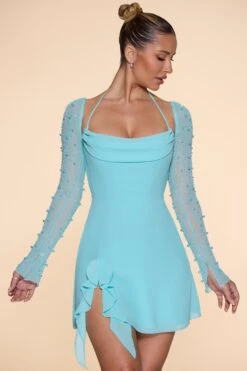 Long Sleeve Cowl Neck A-Line Mini Dress In Aqua -Women Clothes Shop 6904 2 Florence Aqua Cowl Neck A Line Dress