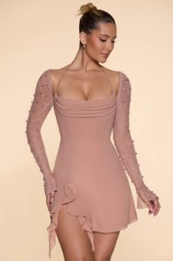 Long Sleeve Cowl Neck A-Line Mini Dress In Beige -Women Clothes Shop 6904 2 Florence Beige Cowl Neck A Line Dress