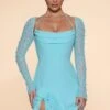 Long Sleeve Cowl Neck A-Line Mini Dress In Aqua -Women Clothes Shop 6904 3 Florence Aqua Cowl Neck A Line Dress