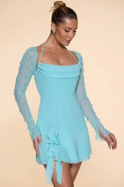 Long Sleeve Cowl Neck A-Line Mini Dress In Aqua -Women Clothes Shop 6904 4 Florence Aqua Cowl Neck A Line Dress