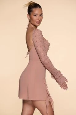 Long Sleeve Cowl Neck A-Line Mini Dress In Beige -Women Clothes Shop 6904 5 Florence Beige Cowl Neck A Line Dress