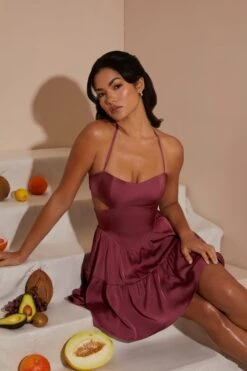 Halter Neck Cut Out Mini Dress In Dark Mauve -Women Clothes Shop 6910 10 Dark Mauve Halterneck Mini Dress