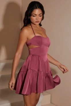 Halter Neck Cut Out Mini Dress In Dark Mauve -Women Clothes Shop 6910 8 Dark Mauve Halterneck Mini Dress