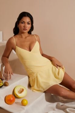 Asymmetric Multi Strap Ruffle Detail Mini Dress In Yellow -Women Clothes Shop 6913 10 Yellow Asymmetrical Frill Mini Dress