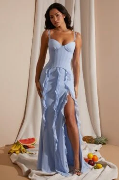 Corset Frill Skirt Maxi Dress In Blue -Women Clothes Shop 6917 1 Blue Corset gown Ruffle Dress