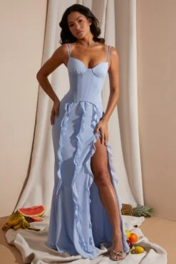 Corset Frill Skirt Maxi Dress In Blue -Women Clothes Shop 6917 2 Blue Corset gown Ruffle Dress