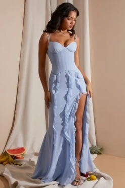 Corset Frill Skirt Maxi Dress In Blue -Women Clothes Shop 6917 3 Blue Corset gown Ruffle Dress