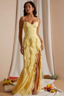 Corset Frill Skirt Maxi Dress In Yellow -Women Clothes Shop 6917 3 Yellow Corset gown Ruffle Dress