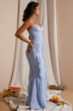 Corset Frill Skirt Maxi Dress In Blue -Women Clothes Shop 6917 5 Blue Corset gown Ruffle Dress