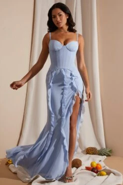 Corset Frill Skirt Maxi Dress In Blue -Women Clothes Shop 6917 8 Blue Corset gown Ruffle Dress