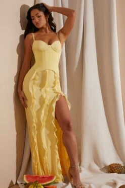 Corset Frill Skirt Maxi Dress In Yellow -Women Clothes Shop 6917 8 Yellow Corset gown Ruffle Dress