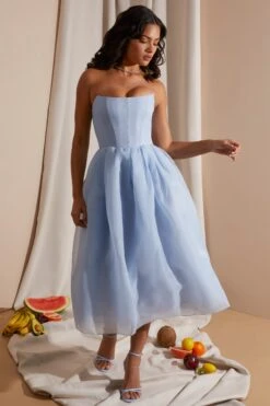 Strapless Corset Tulle Midi Dress In Blue -Women Clothes Shop 6921 3 Blue Strapless Box Pleat Midi Dress