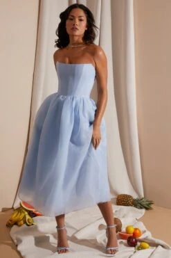 Strapless Corset Tulle Midi Dress In Blue -Women Clothes Shop 6921 4 Blue Strapless Box Pleat Midi Dress