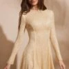 Embellished Long Sleeve Backless Mini Dress In Gold -Women Clothes Shop 6936 8 Gold Rhinestone Backless Mini Long Sleeve Dress