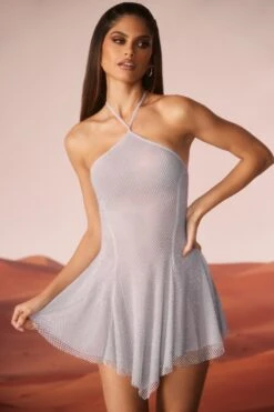 Embellished Lace Up Back Mini Dress In Silver -Women Clothes Shop 6937 3 Silver Lace Up Back Mini Dress