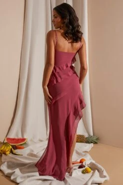 Asymmetric Multi Strap Ruffle Detail Maxi Dress In Dark Mauve -Women Clothes Shop 6945 10 Mauve Ruffle Gown Maxi Dress