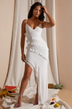Asymmetric Multi Strap Ruffle Detail Maxi Dress In White -Women Clothes Shop 6945 5 White Ruffle Gown Maxi Dress