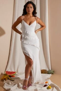 Asymmetric Multi Strap Ruffle Detail Maxi Dress In White -Women Clothes Shop 6945 6 White Ruffle Gown Maxi Dress